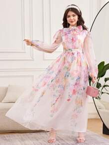 SHEIN Teen Girl Colorful Stand Collar, Lantern Sleeve, Big Bow, Floral Printed, Organza Fabric, Waist Cinched Elegant Dress - Multicolor - View 1