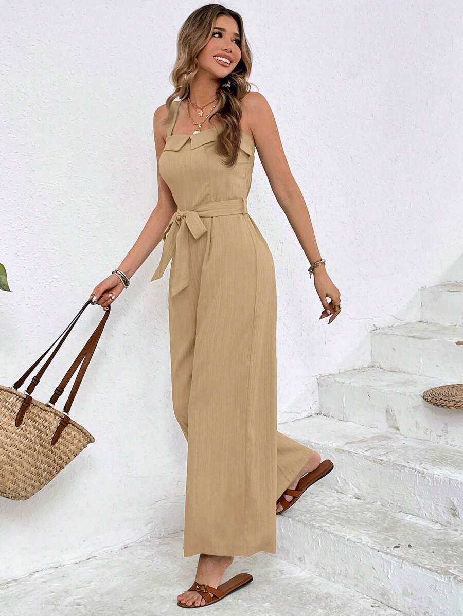 SHEIN Frenchy 女士纯色露肩连体裤，夏季时尚 - 杏色 - 查看 1