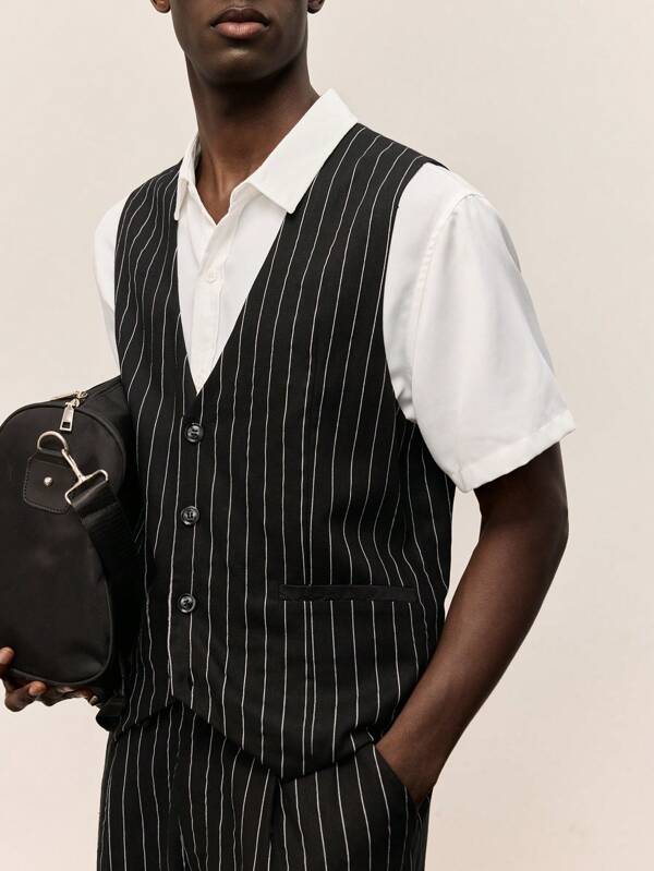Ontre 2025 Men Summer Vacation Casual Striped Single-Breasted Waistcoat Suit For Beach, Festival, Commute