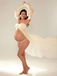 Cheriluna Maternity Plain Color Mesh Maxi Dress With Puff Sleeves, Maternity Photoshoot Style - Apricot - View 3