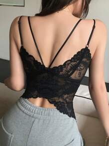 FRIFUL 女士优雅性感纯色蕾丝拼布吊带背心