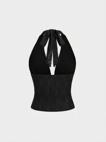 Sweetra 女士欧美优雅蕾丝露背吊带背心，性感简约日常背心 - 黑色 - 查看 2