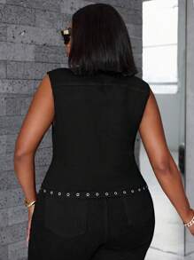 Slaydiva Chaqueta tipo chaleco de jean con tirantes cruzados para tallas grandes - Negro - Ver 2