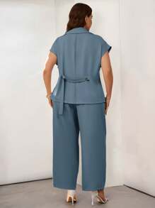 Firerie Plus Size Summer Elegant Formal Dusty Blue Business Office Wear Turndown Collar Short Sleeve Metal Button Blazer And Straight Leg Suit Pants Set - Dusty Blue - View 3