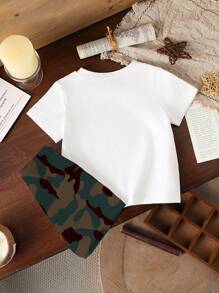 Baby Boy Simple Graphic Short Sleeve Round Neck T-Shirt & Shorts Set, Casual Summer Outfit - Black and White - View 2