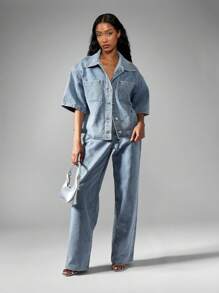 MISSGUIDED Oversized Diamond Quilted Denim Shirt Short Sleeve Button Down Top Spring Summer Fashion Casual Loose Fit Workwear Streetwear Utility Style - Blue - View 3