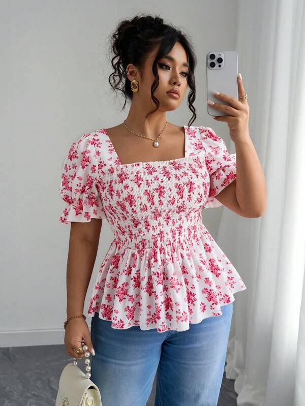 Elenzga Camisa inspirada em férias com design franzido, faz você parecer mais magra