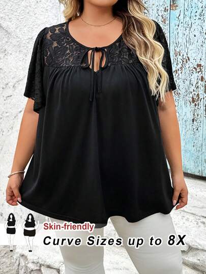 SHEIN CURVE+ Plus Size Women Floral Lace Patchwork Front Tie Ruffle Sleeve T-Shirt, Graduation Country Beach Vacation Wear