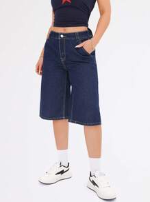 SHEIN EZwear Jeans informales con efecto desgastado, tiro bajo, pierna ancha y entrepierna de 6 pulgadas
