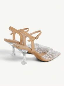 CUCCOO CHICEST Women's Pearl & Rhinestone Transparent Strap Pointed Toe High Heel Sandals, Sexy & Elegant Backless Design - Apricot - View 11
