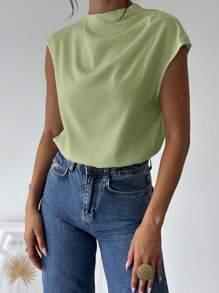 Firerie Women's Minimalist Elegant Office Commuting Outfit White Stand Collar Asymmetric Shoulder Pleated Fitted Shirt