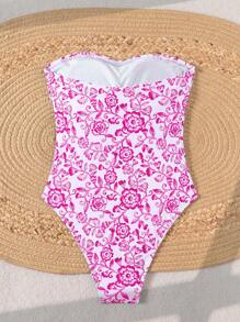 Swim Vcay Spring Break Women's Random Printed Ruched Bandeau One-Piece Swimsuit, Beach Holiday For Summer Beach Vacation - Hot Pink - View 6