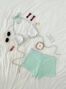 Swim Mod 女士甜美格纹三角杯文胸和三角裤比基尼套装 - 綠色 - 查看 2