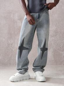 SUMWON 设计师宽腿交叉印花牛仔裤哥特式另类时尚宣言牛仔裤街头潮流宽松剪裁交叉图案垃圾摇滚 Y2K 风格宽松舒适 - 藍色 - 查看 5