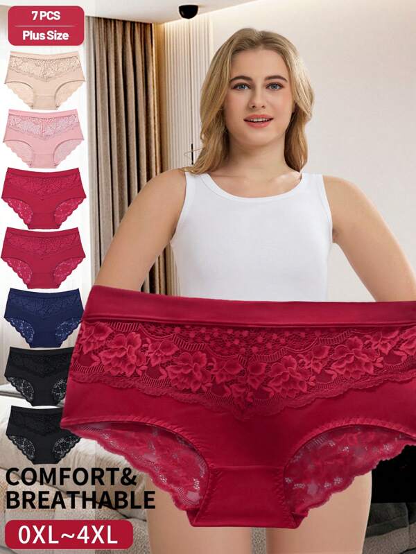 SHEIN 7 pièces/lot Culotte sexy à fleurs en dentelle pour femmes, culotte triangulaire confortable avec bordure en dentelle, sous-vêtements et lingerie grande taille