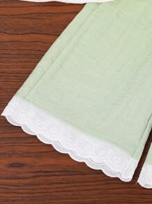 Baby Girl 2-Piece Outfit,White Peter Pan Collar Blouse&Green Lace Trim Pants,Green And White Textured Linen-Like Summer Cute Vacation Holiday Set - Green - View 4