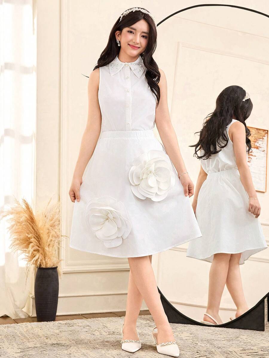 SHEIN 2 件套青少年女孩休闲舒适领珍珠装饰衬衫和花卉装饰迷你裙套装 - 白色 - 查看 1