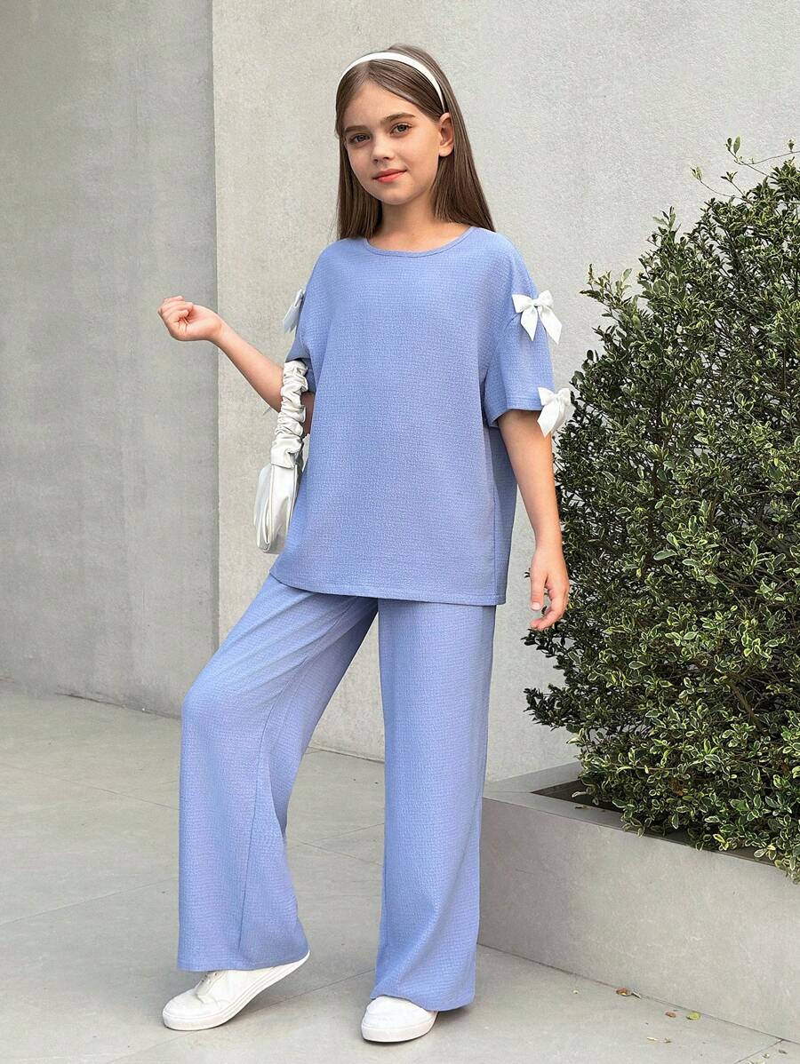 SHEIN Nova Glow Tween Girl 纯色圆领蝴蝶结宽松 T 恤和休闲阔腿裤 2 件套 - 霧霾藍 - 查看 1