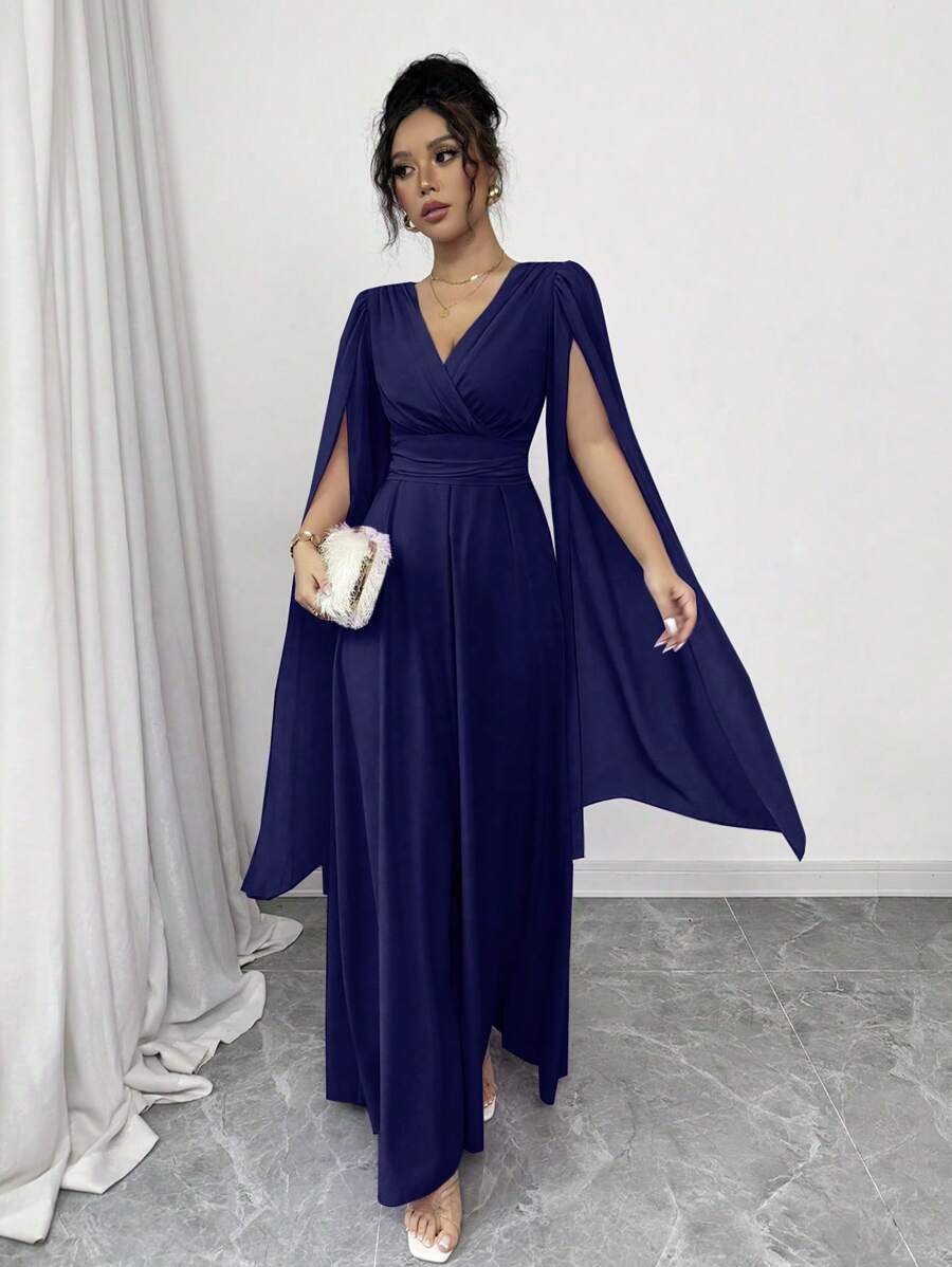 Rafferiza 优雅日常宴会婚礼V领交叉褶腰A字披肩透视雪纺薰衣草女士春夏连衣裙长裙 - 藏蓝色 - 查看 1