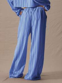 MUSERA Mid Rise Drawstring Waist Wide Leg Trousers Only Summer Cute Vacation Stripe Airport Casual - Blue - View 5