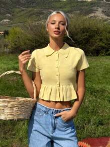 SHEIN EZwear Women's Solid Color Short Sleeve Single-Breasted Ruffle Hem Lightweight Cardigan Sweater - Yellow - View 4