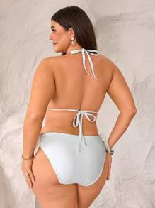 Swim Mod Plus Size Women 2-Piece Fashionable Embroidered Halter V-Neck Bikini Set For Summer Beach Vacation - Apricot - View 2