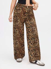 SHEIN EZwear Leopard Print Casual Straight Leg Jeans With Pockets - Multicolor - View 5