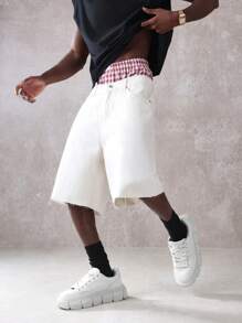 SUMWON 设计师款牛仔百慕大短裤破洞毛边阔腿短裤夏季沙滩休闲棉质宽松节日街头风短裤 - 杏色 - 查看 2