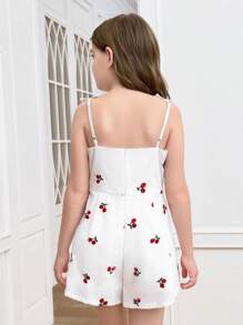 Tween Girls' Casual Cherry Print Woven Jumpsuit - White - View 4