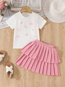 SHEIN Baju Kasual Musim Panas untuk Anak Perempuan dengan Hiasan Pita dan Rok Mini Lipit - Putih - View 3
