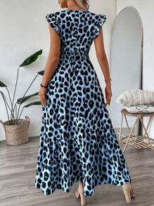 SHEIN LUNE Vestido de línea A con mangas cortas fruncidas, cintura recogida y dobladillo con volantes, estampado vintage de guepardo, uso casual/festivo elegante