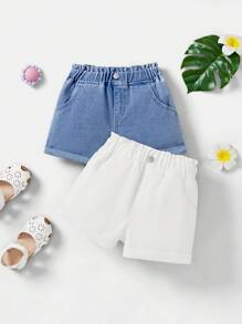 SHEIN 2件套少女深蓝色和黑色牛仔短裤套装 - 彩色 - 查看 1