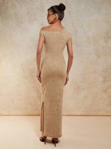 COSMINA Women's Asymmetrical Shoulder Ruched Long Denim Dress - Khaki - View 2