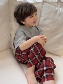 Hapijoa Kids Boys Crew Neck Knitted Short Sleeve T-Shirt + Plaid Pants Homewear, Spring/Summer - Multicolor - View 7