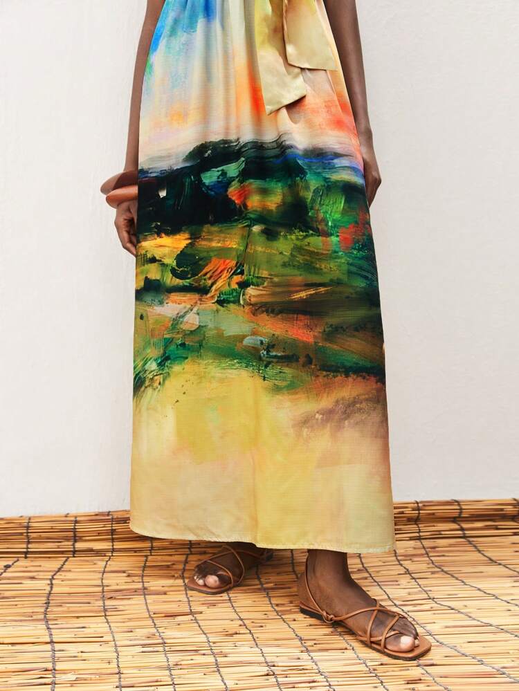 SHEIN Maija Women's Versatile Landscape Print V-Neck High Waist Casual Dress For Spring/Summer, Loose And Comfortable With Tie Waist, Bowknot Strap Decor, Ruched Skirt, Boho Style