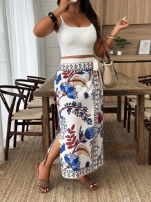 Weeklong Plus Size Summer Floral Print Wrap Tie-Side Skirt For Vacation