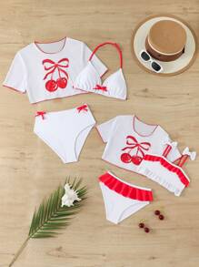 Young Girl 3pcs Set Red Cherry Print Swimsuit With Positioning Print - Red - View 5