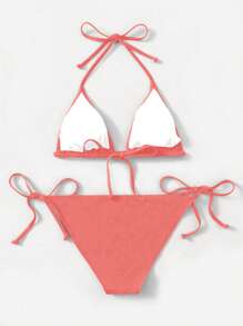 SHEIN Swim 2pcs/Set Women Summer Beach Solid Color Halter Tie-Up Sexy Bikini Swimsuit - Rose Red - View 2