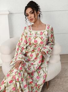 Yasmyna Đầm suông cổ vuông in hoa thanh lịch cho nữ, kín đáo - Đỏ - Xem 4