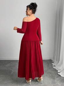 Modelyn Plus Size Solid Color Asymmetrical Neck Dress, Fashionable For Summer - Burgundy - View 2