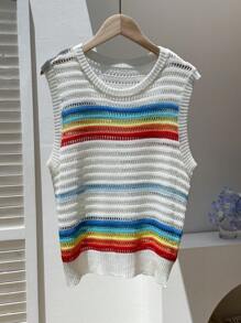 Comfortcana 女式多色条纹印花圆领休闲套头毛衣背心