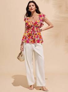 Chiquease Women's Casual Vacation Heart Pattern Print V-Neck Blouse