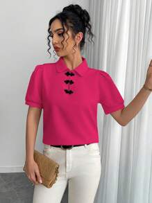 SHEIN Unity 复古中国风纽扣装饰短袖衬衫 - 玫紅色 - 查看 6