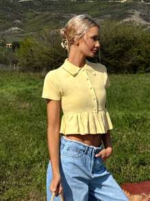 SHEIN EZwear Women's Solid Color Short Sleeve Single-Breasted Ruffle Hem Lightweight Cardigan Sweater - Yellow - View 5