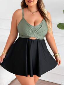 SHEIN CURVE+ Traje de baño de 2 piezas talla grande para mujer, vestido de baño tipo tankini con cintura alta elástica de unicolor, estilizador y modesto para la piscina y aguas termales