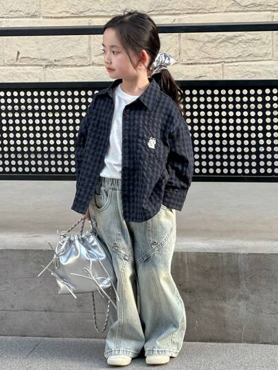 Dazy Kids 年轻女孩格子印花卡通刺绣休闲长袖衬衫，秋装