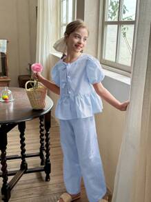 LMoss Kids Tween Girl Chiffon Plaid Puff Sleeve Top And Wide Leg Pants 2 Pieces Set - Blue - View 5