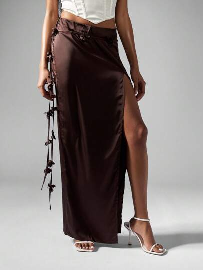 MISSGUIDED Silky Chocolate Wrap Maxi Skirt With Side Bow Appliques Evening Party Wedding Guest Fall Winter Occasion Bridesmaid
