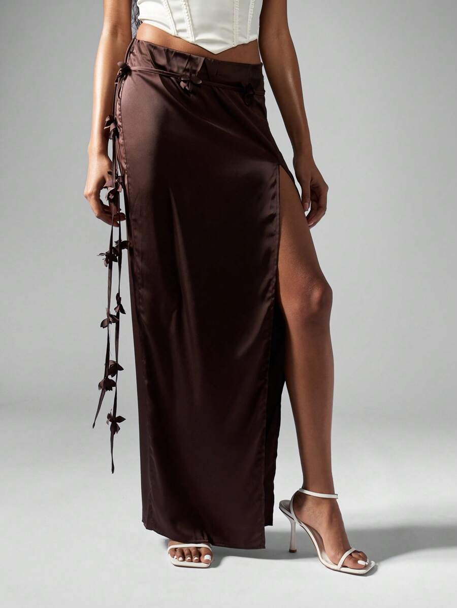 MISSGUIDED Silky Chocolate Wrap Maxi Skirt With Side Bow Appliques Evening Party Wedding Guest Fall Winter Occasion Bridesmaid - Brown - View 1