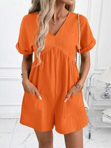 SHEIN Clasi Women's V-Neck Green Wave Print Short Sleeve Romper, Elegant Vacation & Daily Wear Jumpsuit - Orange - View 5